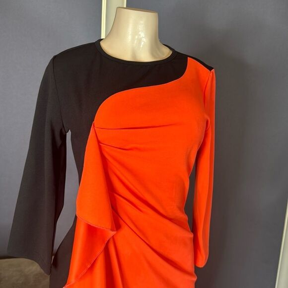 Women’s Black & Orange Asymmetrical Ruffle Midi Dress 3/4 Sleeve Zip Back Size M - Picture 2 of 14
